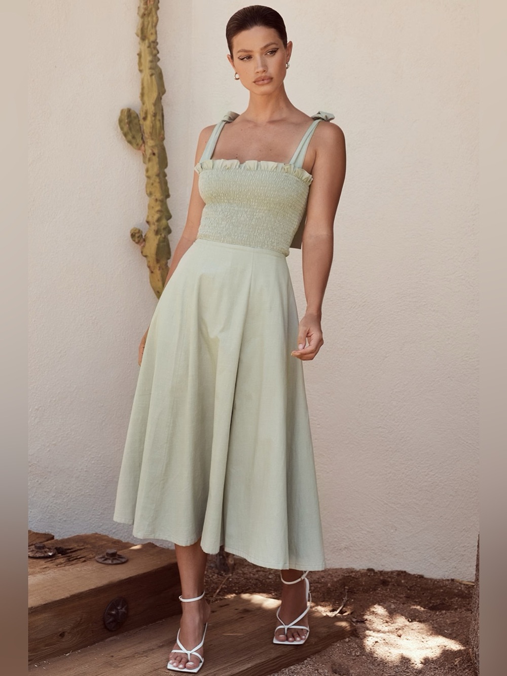 House of CB CARMELLA Sage Green Shirred Midi Sundress NWOT